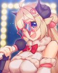  1girl ahoge blonde_hair blue_eyes bow breasts detached_sleeves hair_ornament hairclip hololive horns large_breasts long_hair microphone rotix sheep_horns smile star-shaped_eyewear sunglasses tsunomaki_watame virtual_youtuber 