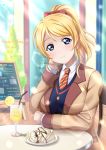  1girl ayase_eli birthday blonde_hair blue_eyes bow dated hair_ribbon happy_birthday highres long_hair looking_at_viewer love_live! love_live!_school_idol_project necktie ponytail ribbon scrunchie smile solo white_scrunchie xiaoxin041590 