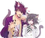  2boys animal_ear_fluff animal_ears black_hair blush cat_boy cat_ears cat_tail checkered claw_pose danganronpa double-breasted extra_ears facial_hair fang hair_between_eyes heart highres jacket jewelry kemonomimi_mode long_sleeves looking_at_viewer male_focus momota_kaito multiple_boys nanin new_danganronpa_v3 open_mouth ouma_kokichi paw_pose pink_eyes purple_eyes purple_hair shirt short_hair simple_background slit_pupils smile spiked_hair tail upper_body white_background white_shirt 