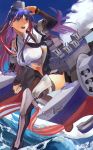  1girl american_flag armor armored_boots bangs black_legwear black_neckwear black_vest blue_eyes blue_hair boots breasts cloud flag fukazaki headgear highres holding holding_flag kantai_collection large_breasts leg_up long_hair multicolored_hair necktie open_mouth outdoors red_hair rigging shirt single_leg_pantyhose single_thighhigh sky solo south_dakota_(kantai_collection) star_(symbol) thighhighs vest water white_hair white_shirt 