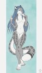  2020 4_toes 5_fingers anthro black_spots blue_eyes blue_hair breasts digital_media_(artwork) eyebrows eyelashes felid female fingers fur grey_body grey_fur hair hi_res mammal pantherine smile snow_leopard solo spots spotted_body spotted_fur toes zephyrue 