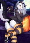  absurd_res anthro blush breasts butt canid canine canis clothing collar female helluva_boss hi_res jack-o&#039;-lantern kyuukon legwear loona_(vivzmind) mammal moon night outside panties raised_tail red_sclera solo spiked_collar spikes thigh_highs underwear upskirt wolf 