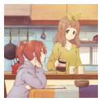  2girls blush bow brown_hair coffee coffee_mug cup green_eyes hair_bow hibike!_euphonium highres hood hood_down hoodie indoors kitchen medium_hair mug multiple_girls nakagawa_natsuki ponytail purple_eyes red_hair shirt sidelocks sitting standing tesseract_(retr0_0o) yellow_shirt yoshikawa_yuuko 