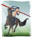  1boy abs animal bareback beads blue_hair bracelet crescent_necklace cu_chulainn_(fate)_(all) cu_chulainn_(fate/grand_order) detached_sleeves earrings fate/grand_order fate/stay_night fate_(series) gae_bolg hair_beads hair_ornament highres holding holding_weapon horse horseback_riding jewelry keyhof lancer long_hair muscle necklace outdoors pants polearm ponytail red_eyes riding shirtless signature skin_tight smile spear spiked_hair strap sunlight type-moon weapon 