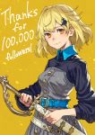  1girl absurdres bangs belt belt_buckle black_shirt blonde_hair blue_belt breasts brown_background buckle closed_mouth collared_shirt commentary_request dress eyebrows_visible_through_hair followers grey_dress hair_ornament highres holding holding_sheath holding_sword holding_weapon kusano_shinta long_sleeves looking_at_viewer medium_breasts original red_eyes saber_(weapon) sheath shirt smile solo strapless strapless_dress sword thank_you unsheathing weapon 