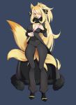  2020 alternate_species blonde_hair bottomwear breasts camel_toe canid clothing cynthia_(pok&eacute;mon) hair hi_res human long_hair mammal marco-marco multi_tail ninetales nintendo nipple_outline pants pok&eacute;mon pok&eacute;mon_(species) simple_background standing transformation video_games 