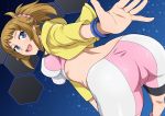  1girl back bent_over bike_shorts blue_eyes bracelet breasts brown_hair cameltoe gundam gundam_build_fighters gundam_build_fighters_try hair_ornament haruhisky hexagon hood hoodie hoshino_fumina jewelry large_breasts looking_back pink_scrunchie ponytail scrunchie sports_bra 