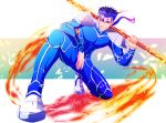  1boy armor blue_hair bodysuit cu_chulainn_(fate)_(all) earrings fate/stay_night fate_(series) fire flaming_weapon full_body gae_bolg grin highres holding holding_weapon jewelry kiriko_(onigiri21) lancer long_hair looking_at_viewer male_focus one_knee pauldrons polearm ponytail red_eyes shoulder_armor skin_tight smile solo spear spiked_hair type-moon weapon 