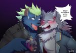  anthro blue_body blue_fur blush cellphone chuurow clothing cross-popping_vein duo embarrassed fur green_hair grey_body grey_fur hair hi_res hyaenid jacket leather leather_jacket male male/male mammal managarmr_(housamo) nyarlathotep_(housamo) phone smartphone tokyo_afterschool_summoners tongue topwear vein video_games 