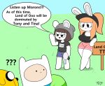  2020 ? adventure_time bottomwear canid canine canis cartoon_network clothing dialogue domestic_dog english_text felid female finn_the_human grass group hair hat headgear headwear hi_res human jake_the_dog lagomorph leporid male mammal outside rabbit shirt shorts smile text tina_(tonytoran) tony_(tonytoran) tonytoran topwear white_body 