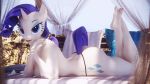  16:9 3d_(artwork) 4k absurd_res anthro anthrofied blue_eyes breasts butt clothed clothing crossed_legs cutie_mark dashie116 digital_media_(artwork) equid equine female friendship_is_magic hair hasbro hi_res horn looking_at_viewer lying mammal my_little_pony nipples on_front outside purple_hair rarity_(mlp) solo thong topless underwear unicorn widescreen 
