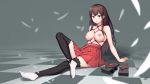  1girl akagi_(kantai_collection) arm_support bdsm black_legwear bondage bound breast_bondage breasts brown_eyes brown_hair checkered checkered_floor gaiters hakama hakama_skirt highres japanese_clothes kantai_collection konishi_(565112307) large_breasts long_hair nipple_bar nipple_piercing nipples piercing red_hakama red_rope remodel_(kantai_collection) ribbon-trimmed_legwear ribbon_trim rope shibari shibari_under_clothes shoes_removed sitting solo straight_hair tabi thighhigh_gaiters thighhighs topless white_legwear 