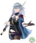  1girl armor bangs black_armor blue_cape blue_shirt blue_shorts breasts brown_gloves brown_legwear byleth_(fire_emblem) byleth_(fire_emblem)_(female) cape closed_mouth clothing_cutout color_switch commentary_request cropped_legs dagger emblem eyebrows_visible_through_hair fire_emblem fire_emblem:_three_houses gloves green_eyes green_hair grey_hair hair_between_eyes highres holding holding_sword holding_weapon large_breasts long_hair looking_at_viewer navel navel_cutout open_hand orio_(oront1y) pantyhose sheath sheathed shirt short_shorts short_sleeves shorts sidelocks simple_background smile standing sword sword_of_the_creator thought_bubble twitter_username vambraces weapon white_background 