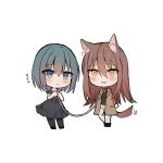  2girls :d animal_ear_fluff animal_ears bangs bare_shoulders black_dress black_footwear black_legwear black_sweater blue_eyes blue_hair blush borrowed_character breasts brown_hair brown_jacket chibi chihuri collar dog_collar dress eyebrows_visible_through_hair flying_sweatdrops hair_between_eyes heart holding holding_leash jacket kemonomimi_mode leash long_hair long_sleeves multiple_girls off-shoulder_dress off_shoulder open_clothes open_jacket open_mouth original pants pantyhose red_collar ribbed_sweater shoes small_breasts smile sweater tail very_long_hair white_pants wolf_ears wolf_girl wolf_tail yellow_eyes 