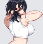  1girl back bare_shoulders black_hair breasts colored_inner_hair crop_top from_behind grey_background grey_hair hands_in_hair highres indie_virtual_youtuber large_breasts mashiro_(rikuya) medium_hair midriff multicolored_hair orange_nails shirasu_(mashiro_(rikuya)) shirt solo upper_body virtual_youtuber white_shirt 