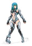  1girl armor blue_hair breasts check_copyright clothing_cutout copyright_request dated elbow_gloves fingerless_gloves full_body gloves headgear highres long_hair looking_at_viewer medium_breasts navel navel_cutout original science_fiction shoes signature simelu simple_background solo standing thighhighs underboob white_background yellow_eyes 
