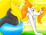  2020 4:3 ambiguous_gender big_ears bodily_fluids braixen chest_tuft eiroru exercise exercise_ball fluffy fluffy_tail fur hip_tuft inner_ear_fluff kneeling long_tail looking_at_viewer multicolored_body multicolored_fur multicolored_tail nintendo open_mouth pink_tongue pok&eacute;mon pok&eacute;mon_(species) red_eyes shaking shoulder_tuft side_view simple_background solo sweat tongue traditional_media_(artwork) trembling tuft video_games white_body white_fur workout 