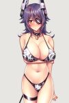  1girl :i animal_print arm_under_breasts bare_shoulders bell bikini black_choker black_tail blush breasts choker cleavage commentary_request cow_bell cow_print eyebrows eyebrows_visible_through_hair eyepatch fake_tail highleg highleg_bikini highleg_swimsuit highres holding_own_arm kantai_collection large_breasts long_hair navel one-eyed print_bikini purple_hair swimsuit tail tenryuu_(kantai_collection) thigh_strap white_background yellow_eyes yuudadou 