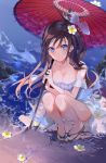  1girl bare_shoulders beach blue_eyes blush breasts brown_hair cleavage closed_mouth collarbone dress flip-flops flower hair_flower hair_ornament highres holding long_hair looking_at_viewer miwano_ragu original parasol sandals solo squatting umbrella water white_dress 