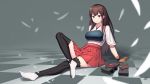  1girl akagi_(kantai_collection) arm_support black_legwear breasts brown_eyes brown_gloves brown_hair checkered checkered_floor gaiters gloves hakama hakama_skirt highres japanese_clothes kantai_collection konishi_(565112307) large_breasts long_hair muneate partly_fingerless_gloves red_hakama remodel_(kantai_collection) ribbon-trimmed_legwear ribbon_trim shoes_removed sitting smile solo straight_hair tabi tasuki thighhigh_gaiters thighhighs white_legwear yugake 