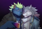  anthro arm_around_shoulders blue_body blue_fur canid canine canis cellphone chuurow clothing duo fur green_hair grey_body grey_fur hair hi_res hyaenid jacket leather leather_jacket male mammal managarmr_(housamo) nyarlathotep_(housamo) phone smartphone tokyo_afterschool_summoners topwear video_games wolf 