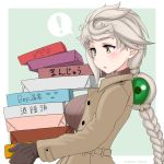  ! 1girl abyssal_ship alternate_costume bangs blush box braid breasts brown_gloves brown_sweater coat cypress enemy_lifebuoy_(kantai_collection) eyebrows_visible_through_hair gloves grey_hair hair_ornament holding holding_box kantai_collection large_breasts long_hair long_sleeves simple_background single_braid solo spoken_exclamation_mark sweater turtleneck turtleneck_sweater twitter_username two-tone_background unryuu_(kantai_collection) yellow_eyes 