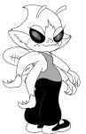  2020 4_arms 4_fingers alien alternate_species anthro artbro bottomwear clothed clothing digital_drawing_(artwork) digital_media_(artwork) disney experiment_(lilo_and_stitch) eyelashes female fingers footwear freckles gloves_(marking) greyscale hair half-closed_eyes insect_wings lilo_and_stitch looking_at_viewer looking_away maggie_pesky markings monochrome multi_arm multi_limb narrowed_eyes pants shirt shoes simple_background smile sneakers solo standing tank_top the_buzz_on_maggie topwear white_background wings 