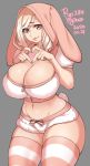  1girl 2020 agawa_ryou animal_hood belly blonde_hair breasts bunny_hood cleavage commentary english_commentary grey_background heart heart_hands hood large_breasts lips long_hair looking_at_viewer midriff navel orange_eyes original pink_legwear signature simple_background solo striped striped_legwear thick_thighs thighs white_legwear 