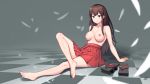  1girl akagi_(kantai_collection) arm_support breasts brown_eyes brown_hair checkered checkered_floor hakama hakama_skirt highres japanese_clothes kantai_collection konishi_(565112307) large_breasts long_hair nipples red_hakama remodel_(kantai_collection) shoes_removed sitting smile solo straight_hair topless 
