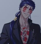  1boy beads blue_hair bodypaint chain chain_necklace cu_chulainn_(fate)_(all) cu_chulainn_alter_(fate/grand_order) earrings facepaint fate/grand_order fate_(series) grin hair_beads hair_ornament hikaru_(asteriskring) jacket jewelry long_hair male_focus necklace open_clothes open_jacket pin ponytail red_eyes sharp_teeth smile solo spiked_hair teeth twitter_username type-moon 