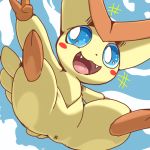  2020 2_toes 3_fingers anus big_ears black_nose blue_eyes blue_sclera blush cloud digital_media_(artwork) fangs fingers gesture legendary_pok&eacute;mon low-angle_view mammal nintendo open_mouth pok&eacute;mon pok&eacute;mon_(species) sky smile spread_legs spreading toes tokemaru tongue v_sign victini video_games wings 