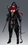  1girl armor assassin belt braid breasts cain_(gunnermul) chain cleavage closed_mouth dark_skin diffraction_spikes dual_wielding facial_mark fishnet_legwear fishnets gauntlets gem gradient gradient_background grey_hair highres holding holding_sword holding_weapon hood hood_up jewelry long_hair navel necklace ninja original pauldrons red_eyes red_scarf scarf shaded_face short_sword shoulder_armor sickle solo standing sword warrior weapon weapon_on_back zipper zipper_pull_tab 
