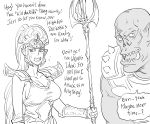  1boy 1girl alarielle_the_radiant armor bald bb_(baalbuddy) blush bracer breasts cleavage commentary embarrassed english_commentary english_text flying_sweatdrops greyscale highres holding holding_weapon large_breasts long_hair monochrome open_mouth orkz pauldrons pointy_ears ponytail shoulder_armor shoulder_spikes spikes staff sweat tusks very_long_hair warhammer_fantasy weapon yandere 