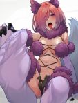  1girl animal_ears bangs bare_shoulders blush breasts cleavage dangerous_beast elbow_gloves fate/grand_order fate_(series) fur-trimmed_gloves fur-trimmed_legwear fur_collar fur_trim gloves hair_over_one_eye halloween_costume highres lace-trimmed_legwear lace_trim large_breasts light_purple_hair looking_at_viewer mash_kyrielight mikan_(chipstar182) navel o-ring open_mouth purple_eyes purple_gloves purple_legwear revealing_clothes short_hair simple_background tail thighhighs tongue tongue_out wolf_ears wolf_tail 