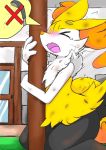  2020 ambiguous_gender big_ears bodily_fluids braixen chest_tuft dirty door eiroru fluffy fluffy_tail fur hi_res hip_tuft holding_object inner_ear_fluff kneeling leaf leaves_in_hair long_tail multicolored_body multicolored_fur multicolored_tail nintendo pink_tongue pok&eacute;mon pok&eacute;mon_(species) pole scared scruffy semi-anthro shoulder_tuft shower_head side_view solo sweat tongue tongue_out tuft video_games white_body white_fur 