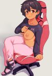  1girl air_jordan areolae black_hair blush breasts chair clothes_lift collarbone commentary commission crossed_legs english_commentary flashing full_body grey_background highres large_breasts lifted_by_self looking_at_viewer nike nipples no_bra office_chair one_breast_out original pants pink_footwear pink_pants purple_sweater red_eyes shoes short_hair sitting smile sneakers solo squeezable_(artist) sweater sweater_lift sweatpants 