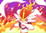  blurry blurry_background cinderace clenched_teeth commentary_request embers fire gen_8_pokemon gigantamax gigantamax_cinderace hand_up highres pokemon pokemon_(creature) red_eyes smile solo teeth tem_(mimoteurur013) upper_body 