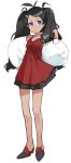 0_8_5_ohako 1boy antenna_hair black_footwear black_hair blue_eyes closed_mouth commentary_request crossdressing dress eyelashes full_body goh_(pokemon) hand_in_hair hand_on_hip high_heels long_hair looking_to_the_side pokemon pokemon_(anime) pokemon_swsh_(anime) red_dress solo standing twintails white_background 