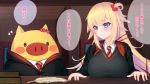  /\/\/\ 1girl 1other :i :t akai_haato bangs black_robe black_sweater blonde_hair blue_eyes blush book breasts cardigan closed_mouth coat collared_shirt cosplay desk diagonal-striped_neckwear diagonal_stripes eyebrows_visible_through_hair feathers gryffindor haaton_(akai_haato) hair_ornament harry_potter heart heart_hair_ornament hogwarts_school_uniform hololive large_breasts long_hair long_sleeves necktie one_side_up open_clothes open_robe outstretched_arm pig_nose pout robe school_uniform shirt sitting striped striped_neckwear sweater translation_request upper_body wand white_shirt wide_sleeves yoshiheihe 