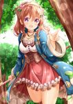  1girl :d atelier_(series) atelier_sophie bangs blue_coat blush breasts brown_hair coat commentary_request cosplay day eyebrows_visible_through_hair forest frilled_coat frilled_skirt frills gochuumon_wa_usagi_desu_ka? hair_between_eyes hair_ornament hairclip hand_up head_scarf highres holding hoto_cocoa long_hair long_sleeves looking_at_viewer medium_breasts nature open_clothes open_coat open_mouth outdoors pointing purple_eyes red_skirt shirt skirt smile solo sophie_neuenmuller sophie_neuenmuller_(cosplay) white_shirt wide_sleeves zenon_(for_achieve) 