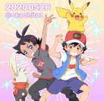  2boys arm_up artist_name ash_ketchum bangs baseball_cap blue_eyes brown_eyes clenched_teeth commentary_request gen_1_pokemon gen_8_pokemon goh_(pokemon) hair_between_eyes hair_ornament hat knees looking_at_viewer multiple_boys okaohito1 on_head pikachu pokemon pokemon_(anime) pokemon_(creature) pokemon_on_head pokemon_swsh_(anime) raboot shirt short_sleeves shorts sleeveless sleeveless_jacket smile sparkle teeth w watermark white_shirt 