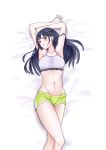  1girl absurdres arms_up black_hair boku_no_kokoro_no_yabai_yatsu brown_eyes feet_out_of_frame green_shorts highres long_hair lying midriff navel on_back short_shorts shorts showhey!! solo yamada_anna 