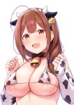  1girl ahoge animal_ears bangs bare_shoulders bell blush braid braided_ponytail breasts brown_eyes brown_hair cai_geng cleavage collar collarbone covered_nipples cow_bell cow_ears cow_horns hair_over_shoulder hairband highres horns idolmaster idolmaster_shiny_colors kuwayama_chiyuki large_breasts long_braid long_hair looking_at_viewer open_mouth simple_background smile white_background 