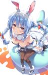  1girl animal_ears arm_support bangs black_gloves blue_hair blush bow braid breasts bunny_tail carrot_hair_ornament cleavage commentary eyebrows_visible_through_hair food_themed_hair_ornament full_body fur_collar fur_trim gloves hair_bow hair_ornament highres hololive long_hair looking_at_viewer looking_up multicolored_hair pantyhose parted_lips puffy_short_sleeves puffy_sleeves shadow shiny shiny_clothes shiny_hair shoes short_sleeves simple_background sitting small_breasts smile solo strapless tail thigh_strap tied_hair tomose_shunsaku twin_braids twintails two-tone_hair usada_pekora virtual_youtuber white_hair 