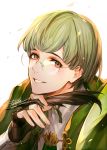  1boy bangs black_gloves blunt_bangs brown_eyes cape danhu fingerless_gloves fire_emblem fire_emblem:_three_houses glasses gloves green_cape green_hair hand_up holding_quill ignatz_victor long_sleeves looking_at_viewer male_focus quill shirt short_hair signature simple_background smile solo upper_body white_background white_shirt 