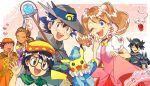  2girls 4boys ;d ash_ketchum bangs blue_eyes brock_(pokemon) brown_hair cape choker commentary_request dress eyebrows_visible_through_hair eyelashes gen_1_pokemon gen_4_pokemon glasses gloves grey_headwear hand_up hands_together hat heart heart_eyes holding interlocked_fingers kidd_summers lucario max_(pokemon) may_(pokemon) mew multiple_boys multiple_girls mythical_pokemon one_eye_closed open_mouth orange_headwear pikachu pink_dress pokemon pokemon_(anime) pokemon_m08 pokemon_rse_(anime) riley_(pokemon) sasairebun shiny shiny_hair short_hair short_sleeves smile teeth tongue w waving 