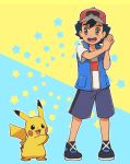  1boy ao_anpk ash_ketchum bangs baseball_cap black_hair brown_eyes commentary_request gen_1_pokemon hands_together hands_up hat open_mouth pikachu pokemon pokemon_(anime) pokemon_(creature) pokemon_swsh_(anime) shirt shoes shorts sleeveless sleeveless_jacket standing star_(symbol) teeth tongue two-tone_background white_shirt 