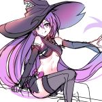  1girl :q aisha_landar bangs black_headwear black_sleeves blush breasts closed_mouth detached_sleeves elsword eyebrows_visible_through_hair grey_legwear hair_between_eyes hat highres long_hair long_sleeves looking_at_viewer navel outstretched_arm oz_sorcerer_(elsword) purple_eyes purple_hair revealing_clothes simple_background sketch small_breasts smile solo thighhighs tongue tongue_out very_long_hair white_background wide_sleeves witch_hat xes_(xes_5377) 