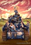  3girls black_hair blonde_hair blue_eyes breasts brown_eyes brown_hair caterpillar_tracks cloud drill_hair english_commentary evening gloves grass grey_eyes ground_vehicle hair_ribbon hat headphones highres hill long_hair medium_breasts military military_hat military_uniform military_vehicle motor_vehicle multiple_girls original ribbon senjou_no_valkyria senjou_no_valkyria_1 sitting smile sunlight tank tank_top tree twintails uniform white_namikaze wind wind_lift 