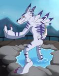  anthro avian bird blue_sky butt detailed_background digimon digimon_(species) ear_piercing ear_ring foot_in_water guardrail hot_spring male mountain piercing sky solo teeth_showing thegreatmatsutzu water weregarurumon yellow_eyes 